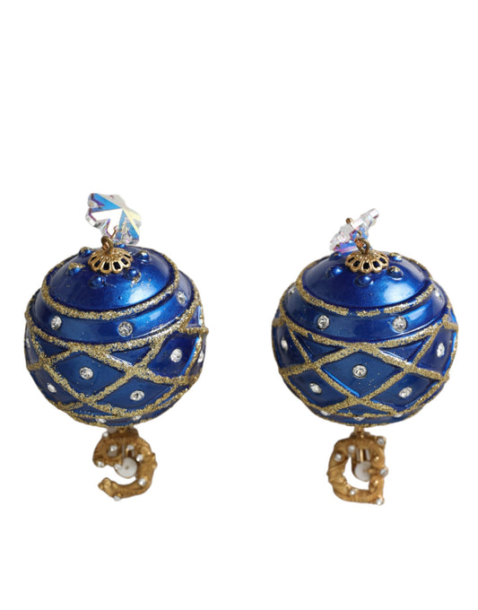 Dolce & Gabbana Gouden Messing Blauwe Dangle Kerstbal Kristal Clip Op Oorbellen