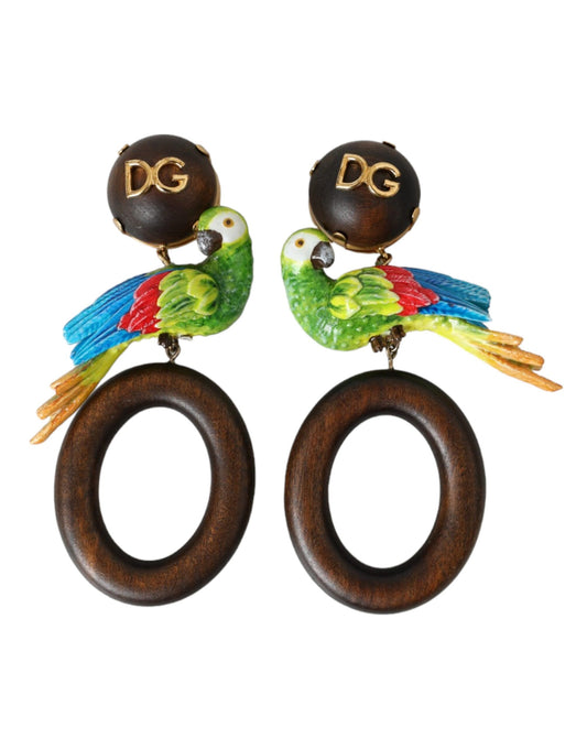 Dolce & Gabbana Multicolor Papegaai Hout Messing Kristal Versierde Oorbel