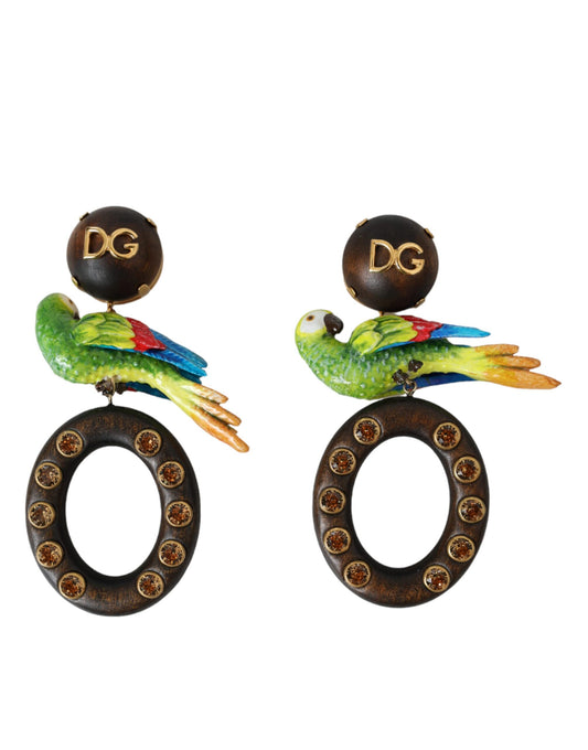 Dolce & Gabbana Multicolor Papegaai Hout Messing Kristal Versierde Oorbellen