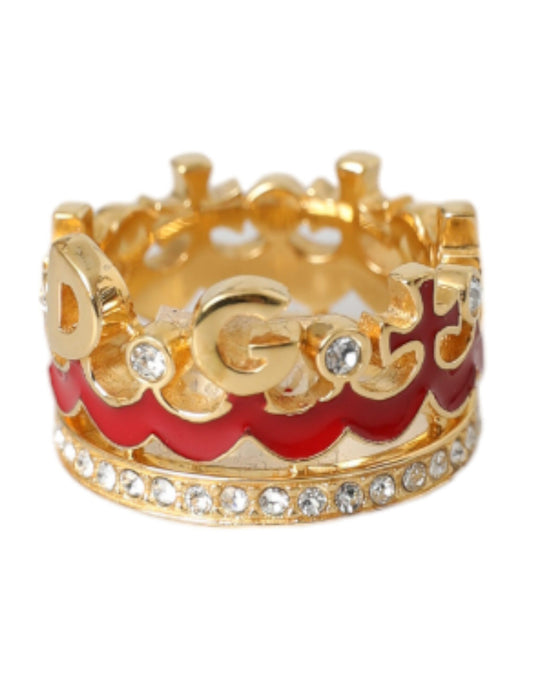 Dolce & Gabbana Goudkleurige Messing Kristallen Emaille DG CROWN Statement Ring