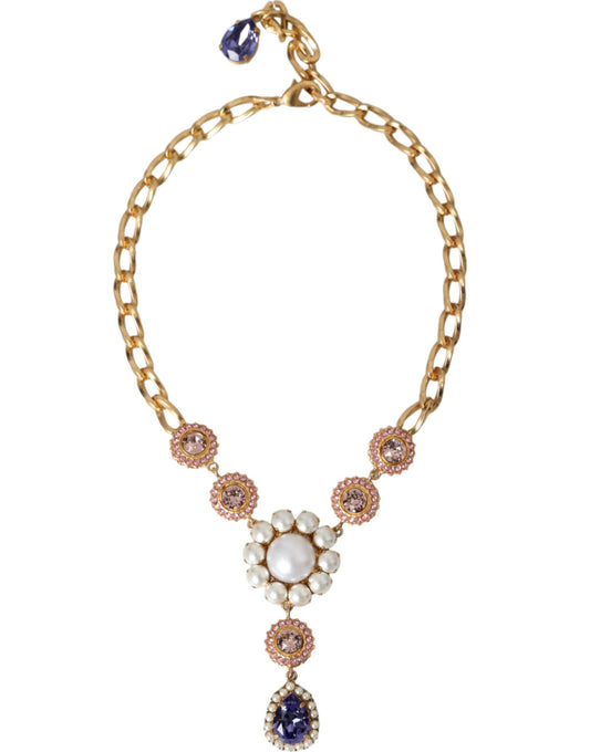 Dolce & Gabbana Goud Messing Kristal Paars Roze Parel Hangers Ketting