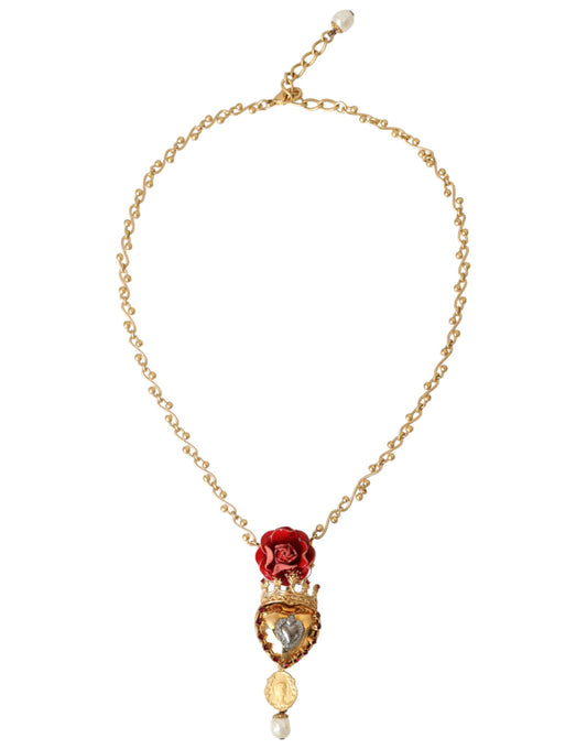 Dolce & Gabbana Gold BrassChain Sacred Heart Rose Crystal Charm-ketting