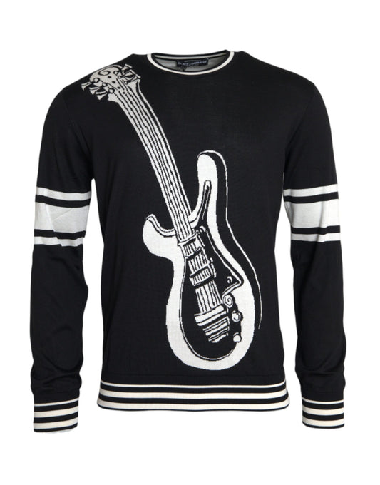 Dolce & Gabbana Zwart Wit Gitaar Print Zijden Pullover Trui