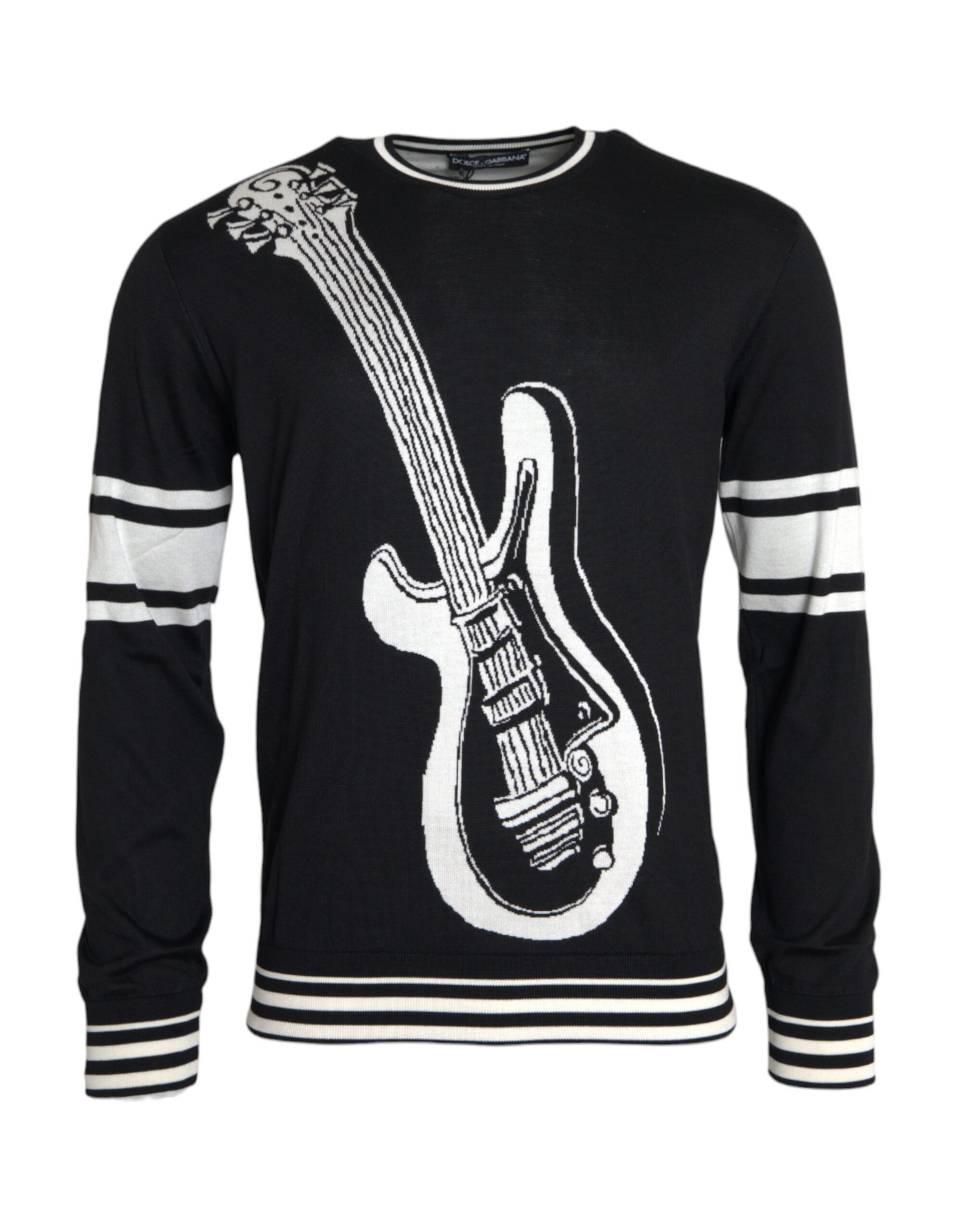 Dolce & Gabbana Zwart Wit Gitaar Print Zijden Pullover Trui