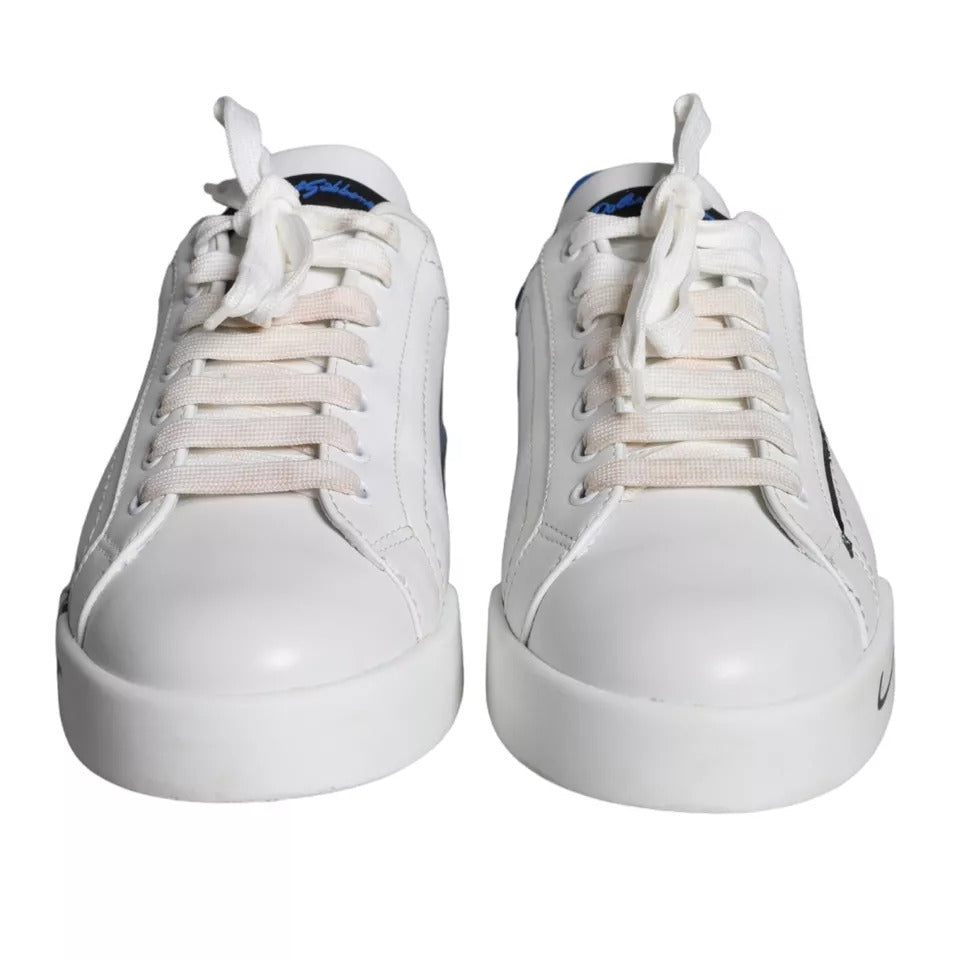 Dolce & Gabbana White Blue Leather Logo Low Top Sneakers Men Shoes