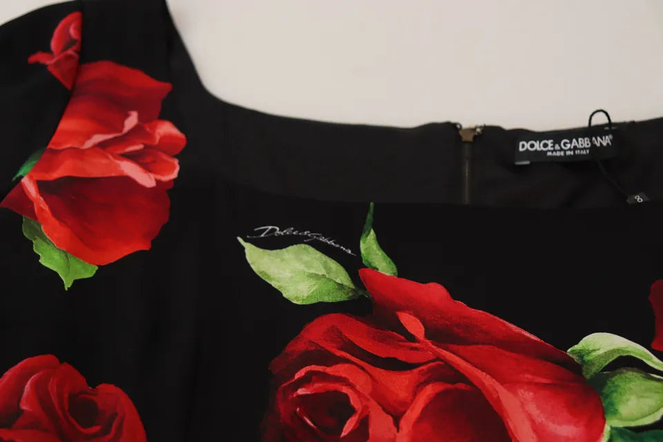 Dolce & Gabbana Zwarte Rode Rozen Schede Zijden Stretch Jurk