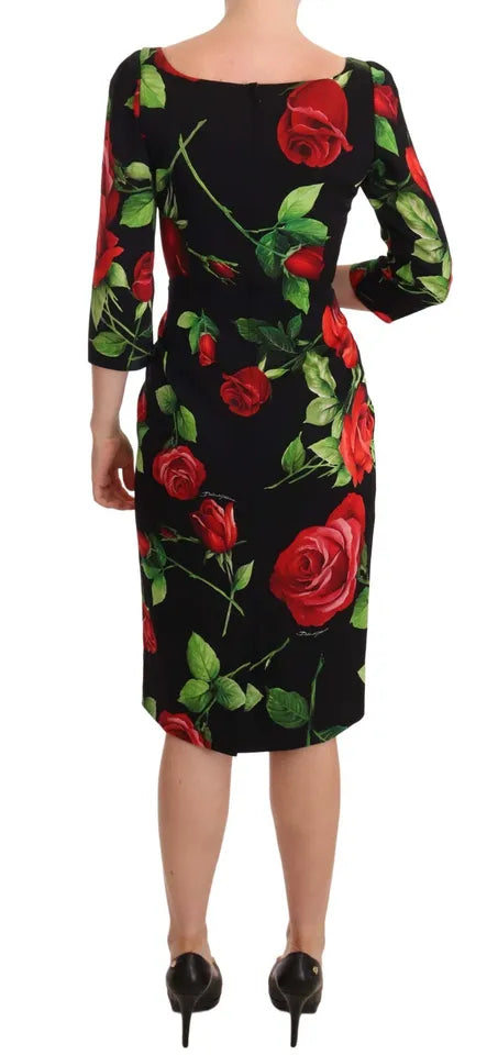 Dolce & Gabbana Zwarte Rode Rozen Schede Zijden Stretch Jurk