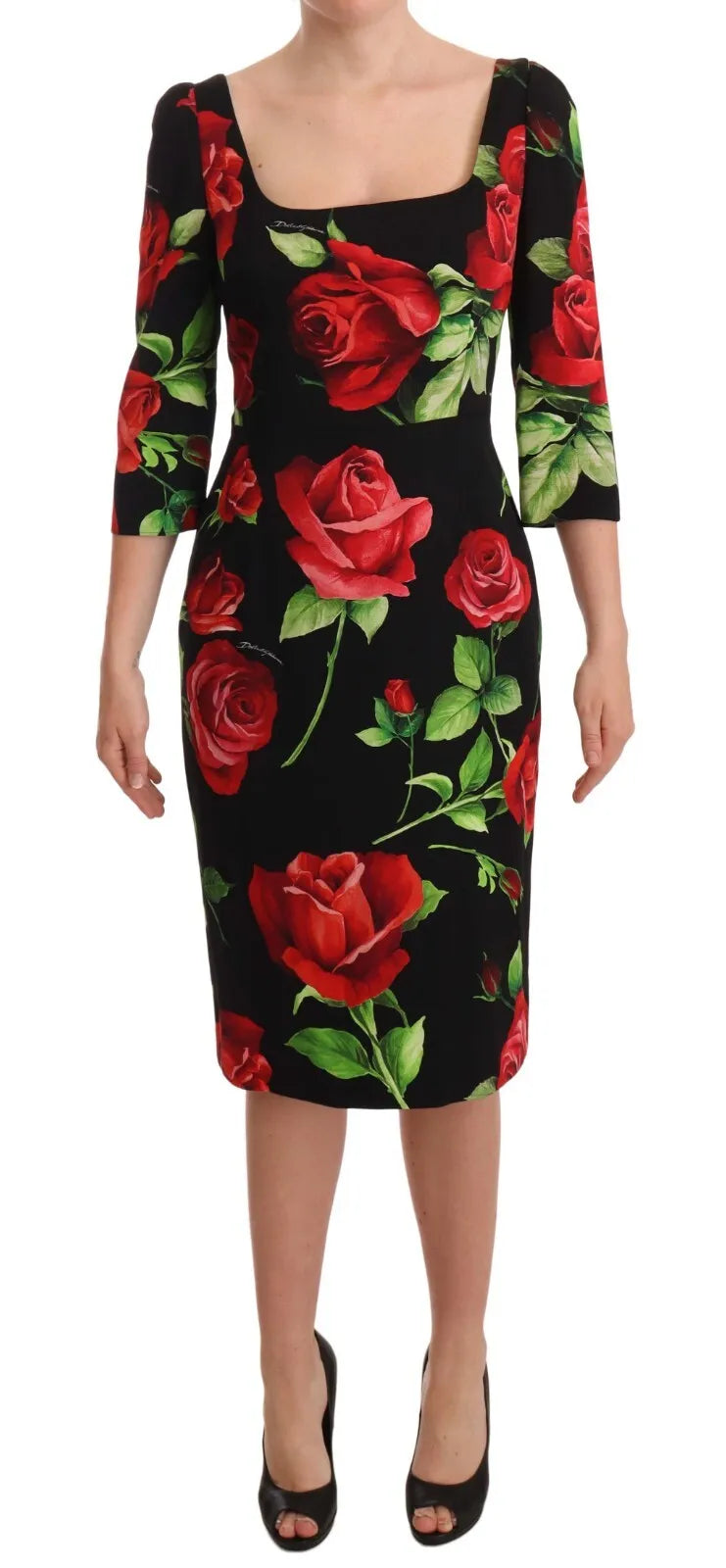 Dolce & Gabbana Zwarte Rode Rozen Schede Zijden Stretch Jurk