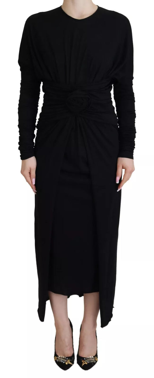 Dolce & Gabbana Zwarte Sheath Midi-jurk Wollen Wikkeljurk