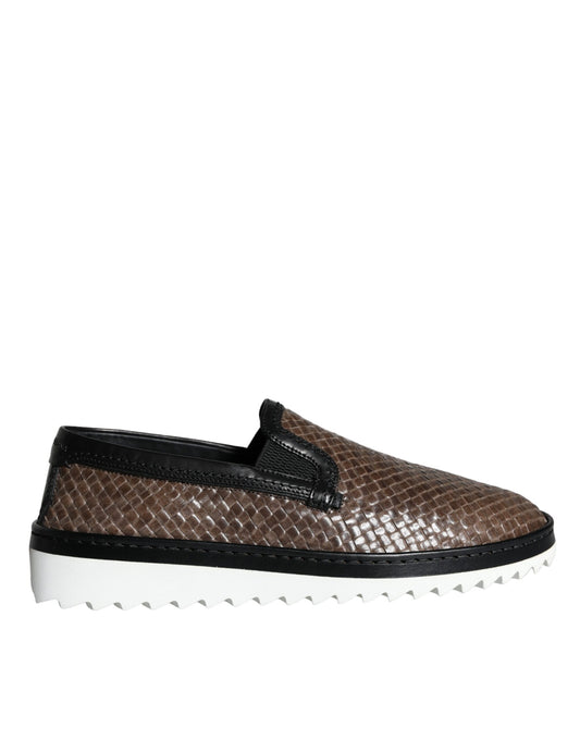 Dolce & Gabbana Bruin Zwart Leren Geweven Heren Loafers Schoenen