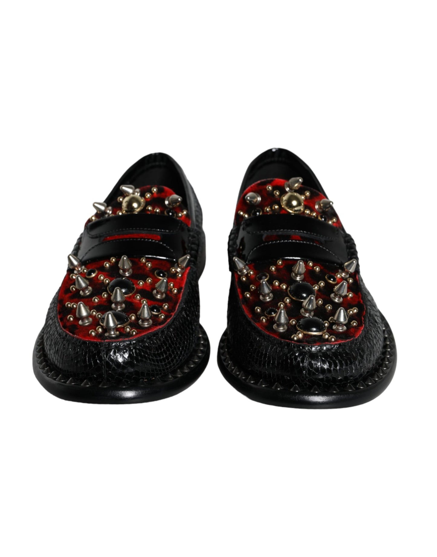 Dolce & Gabbana Zwarte Luipaard Print Studs Leren Loafers Schoenen