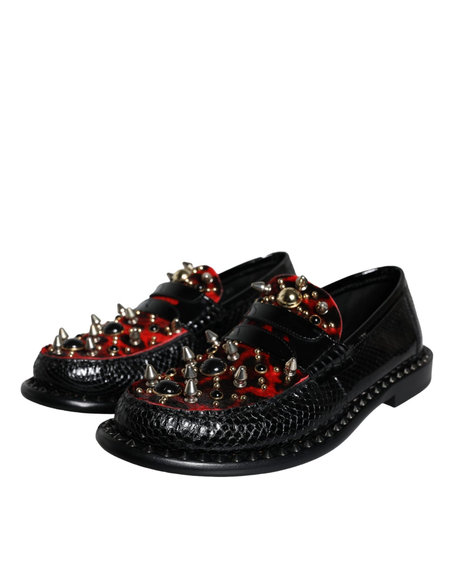 Dolce & Gabbana Zwarte Luipaard Print Studs Leren Loafers Schoenen