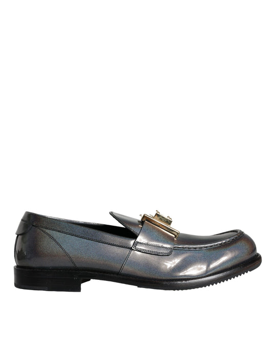 Dolce & Gabbana Zilveren Leren Logo Plaque Slip On Heren Loafers Schoenen