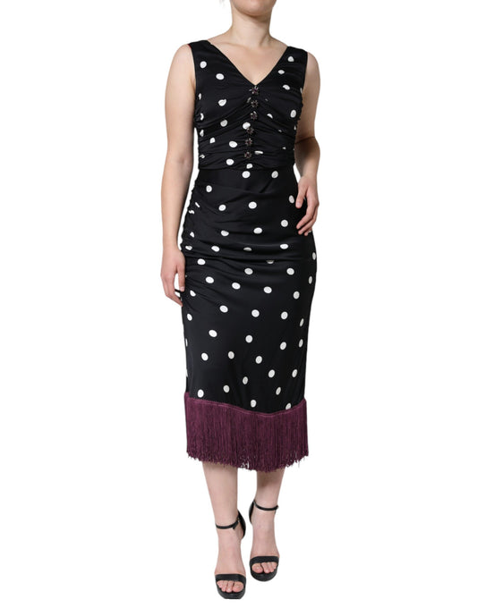 Dolce & Gabbana Zwarte Zijden Polka Dot V-hals Kwastjes Midi Jurk