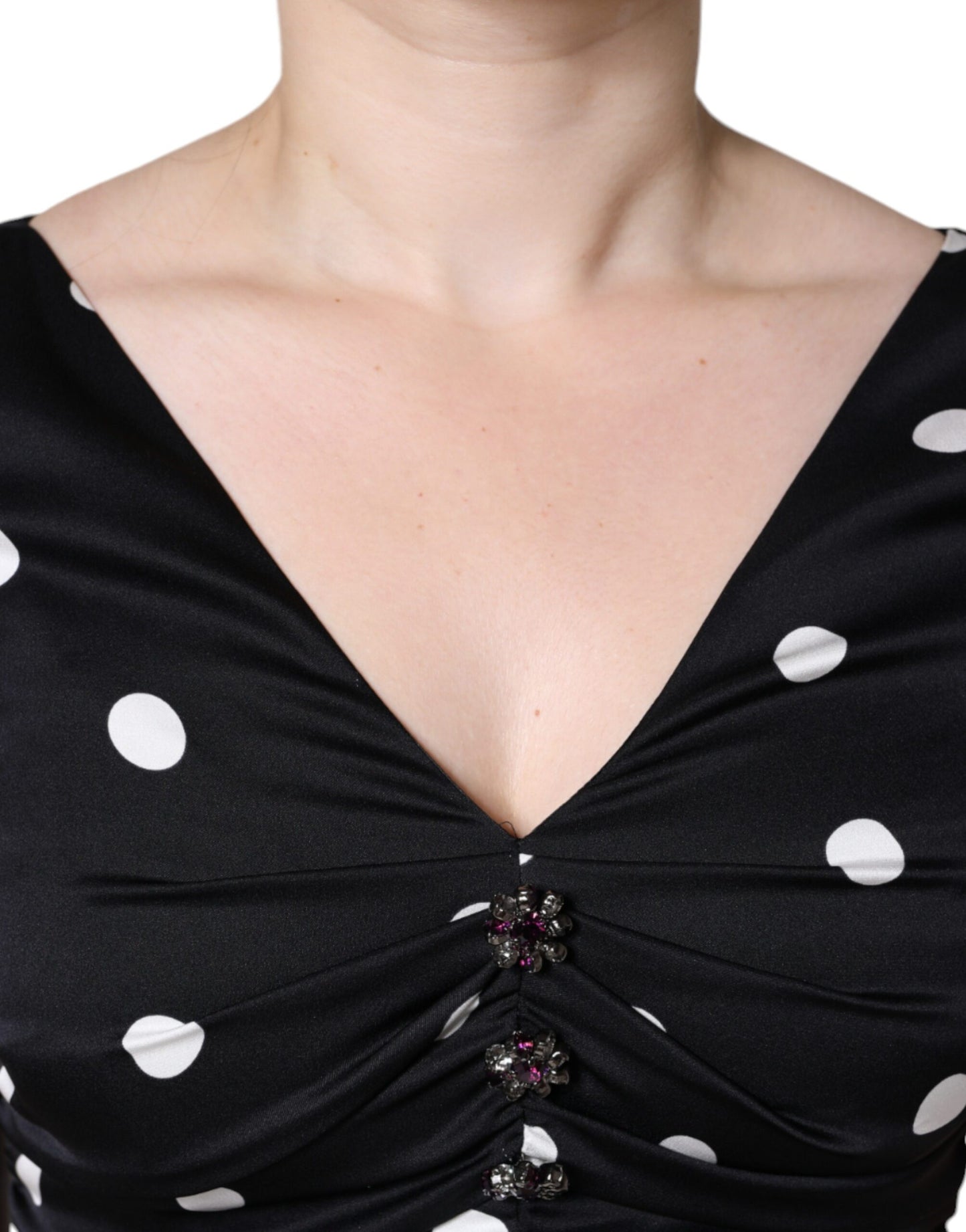 Dolce & Gabbana Zwarte Zijden Polka Dot V-hals Kwastjes Midi Jurk