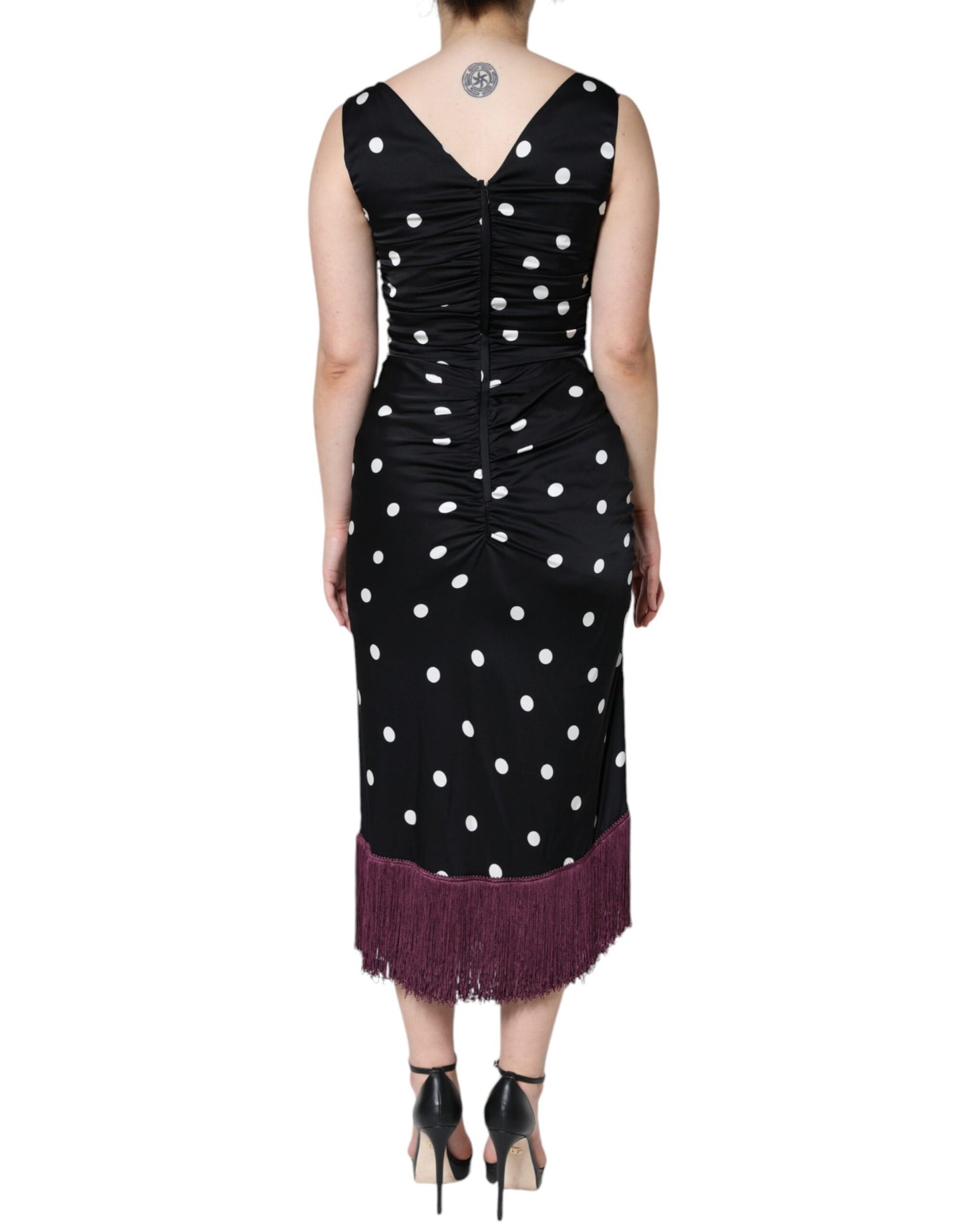 Dolce & Gabbana Zwarte Zijden Polka Dot V-hals Kwastjes Midi Jurk