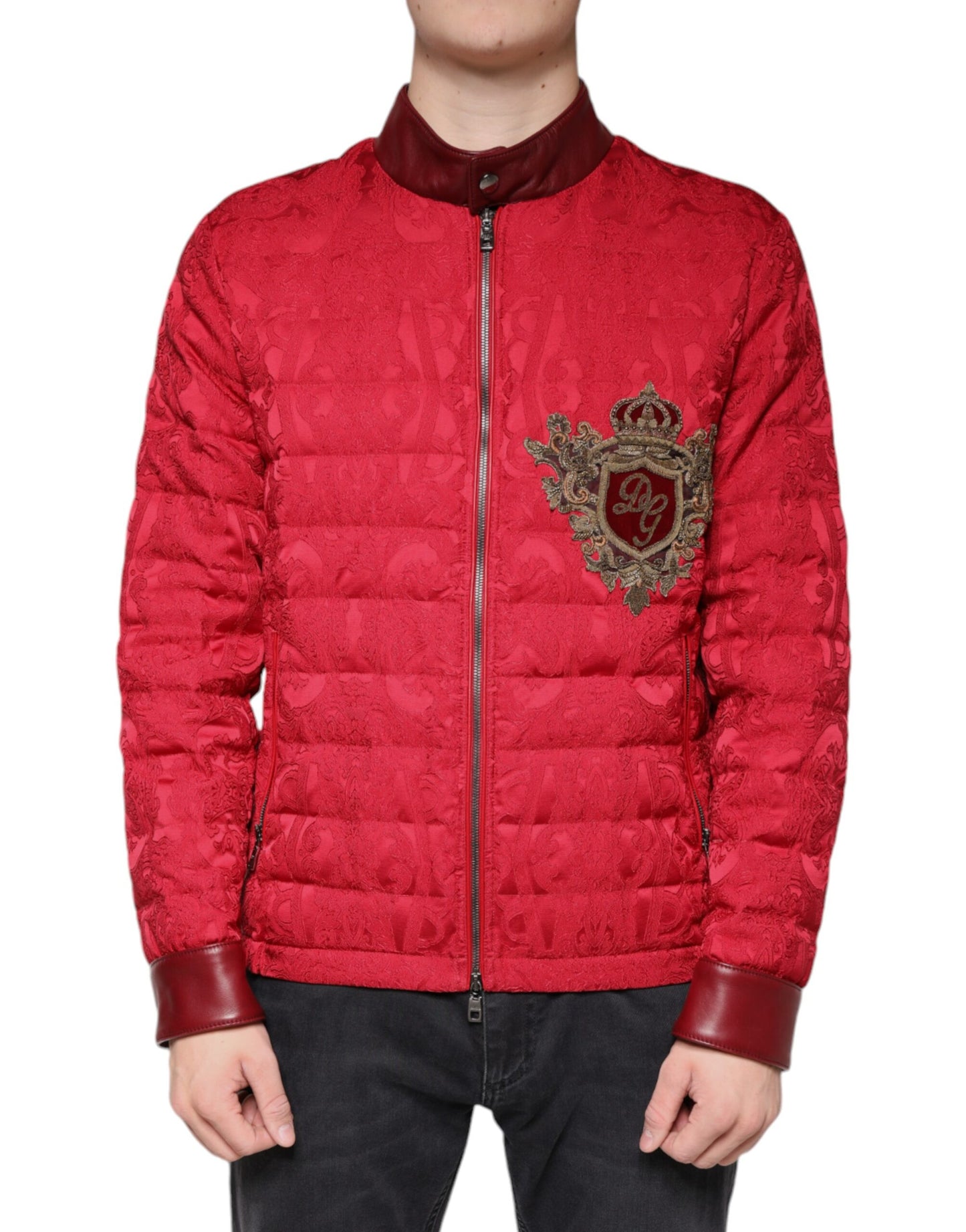 Dolce & Gabbana Rode Gewatteerde Bomber Gouden Kroon Logo Jas