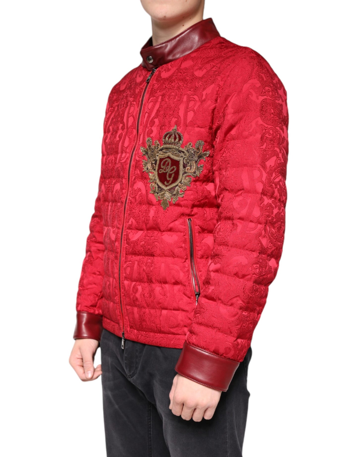 Dolce & Gabbana Rode Gewatteerde Bomber Gouden Kroon Logo Jas