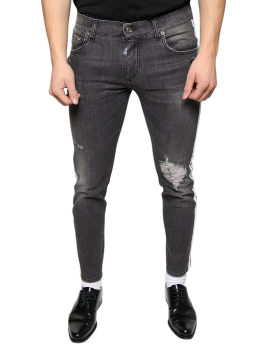 Dolce & Gabbana Zwarte Gescheurde Katoenen Skinny Heren Denim Jeans