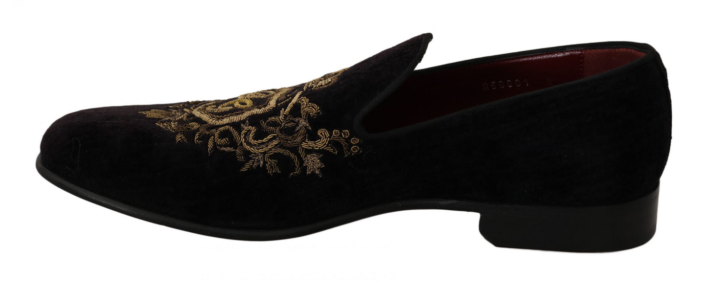 Dolce & Gabbana Elegante Zwarte Loafers met Gouden Kroon Borduurwerk