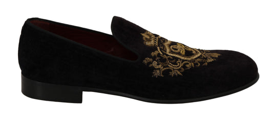 Dolce & Gabbana Elegante Zwarte Loafers met Gouden Kroon Borduurwerk