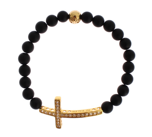 Nialaya Chic Matte Onyx Kraal & CZ Diamant Kruis Armband